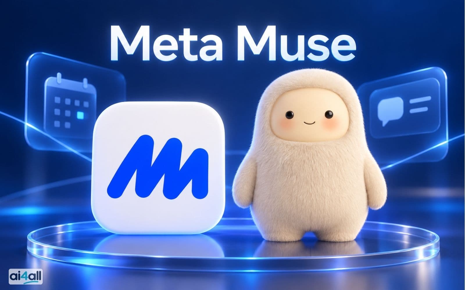 איור של דמות Muse לצד סמל האפליקציה, על רקע כחול עם סמלי לוח שנה והודעות והכיתוב Meta Muse.